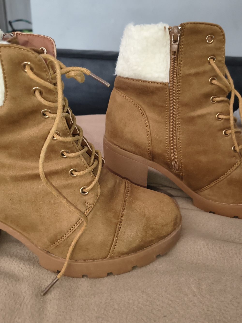 Charlotte Russe Tan Lace-Up Faux Shearling Ankle Boots